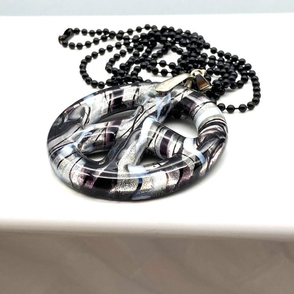 Dichroic Art Glass Peace Sign Pendant, Black White and Silver Swirl on Black - Picture 6 of 7